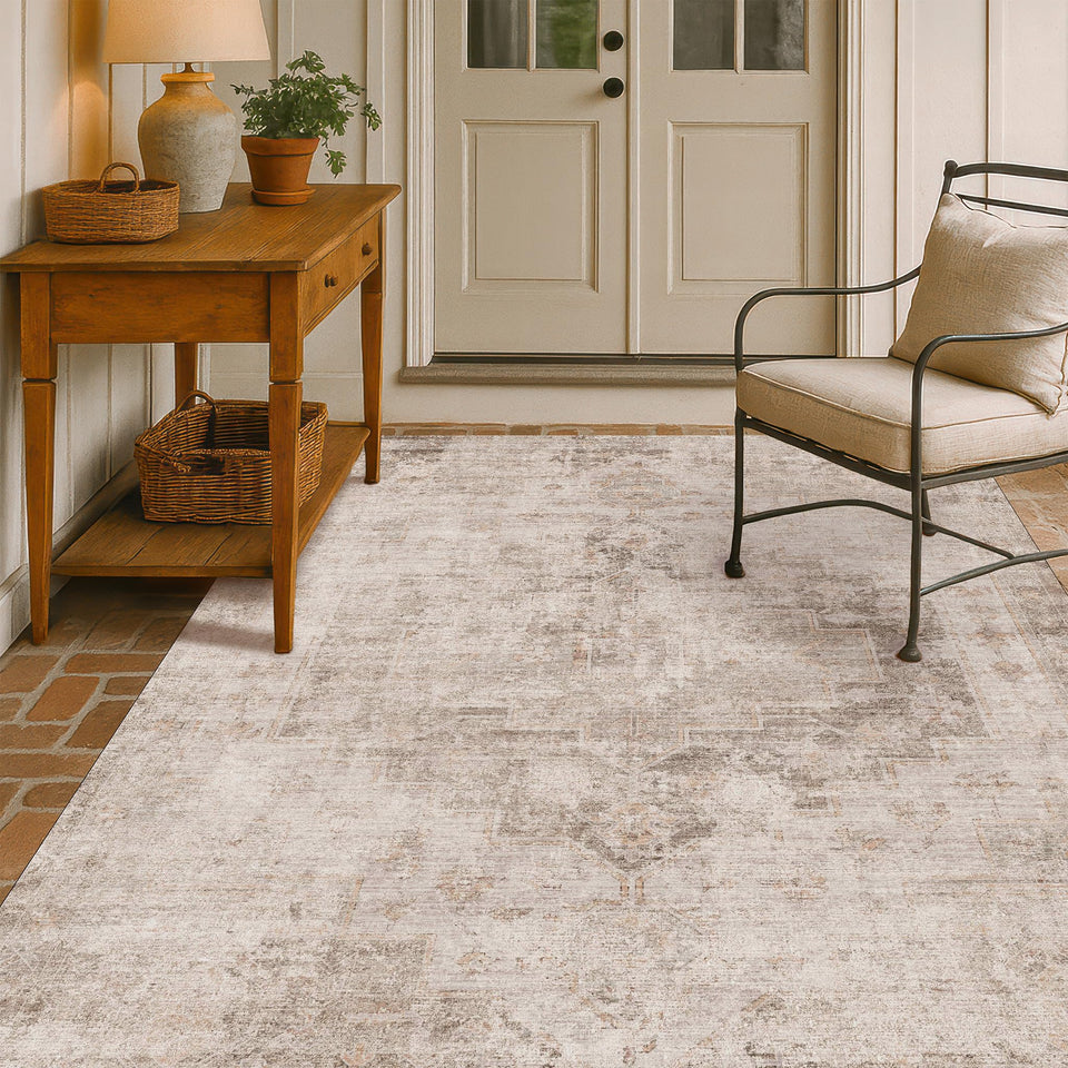 Neutral Living Room Rug - 10x14 Farmhouse Beige Brown Large Area Rug for Dining Room, Bedroom, Low Pile Lightweight Washable