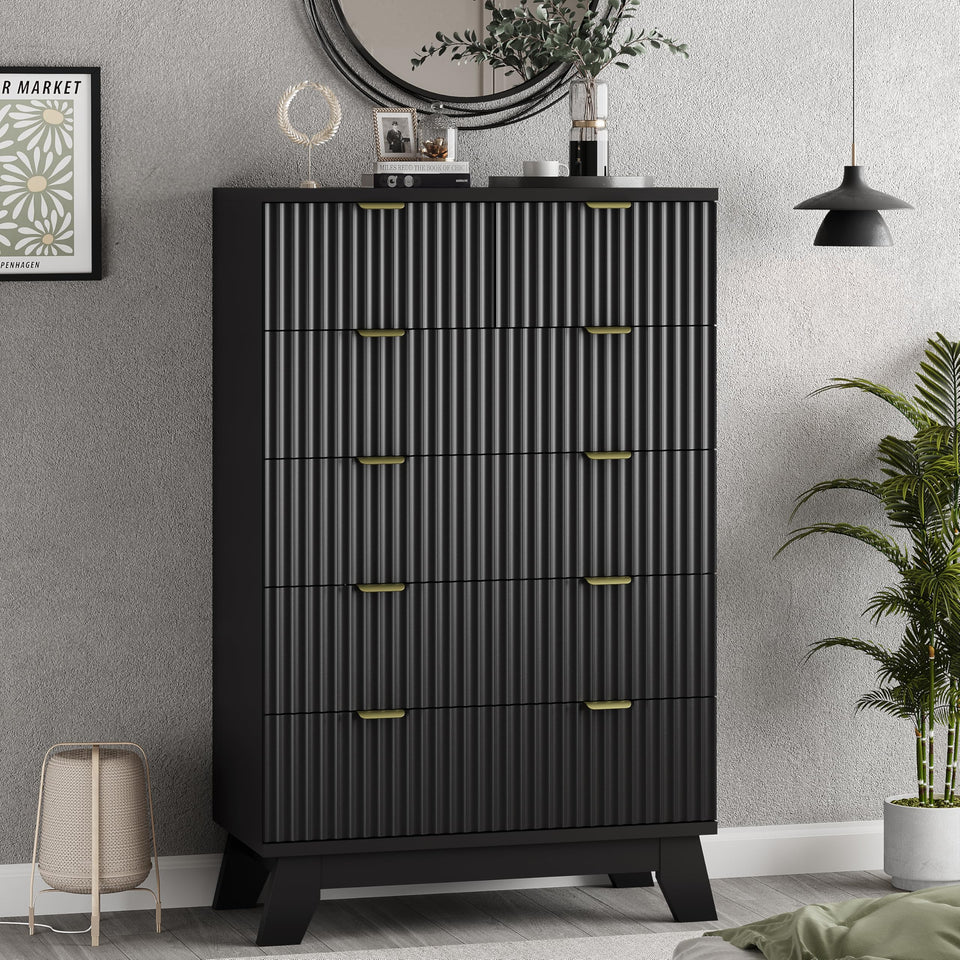 Fluted Dresser for Bedroom with 9 Drawers, 57" Wide Modern Chest of Drawers with Metal Handle, Wooden Dresser TV Stand, Wood Closet Clothes Storage Organizer for Living Room, Hallway, Natural Oak