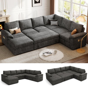 SUAWY 108 Inch Sectional Sleeper Sofa with Pull Out Bed,U Shaped 7 Seat Modular Sectional Sofa with Storage,Sectional Couches for Living Room,Cloud Modular Couch,Removable Sofa Cover,Dark Grey