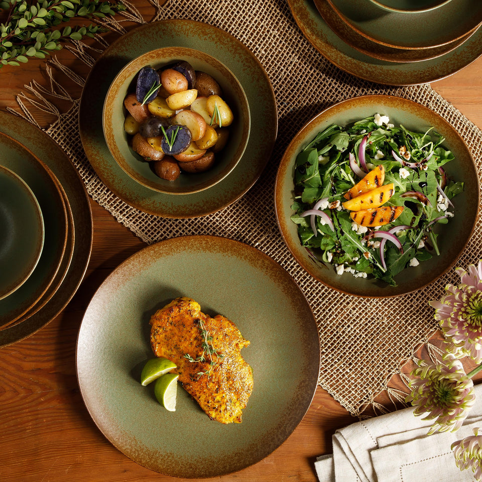 Bloomhouse Santorini Mist Double Bowl Terracotta Reactive Glaze Plates and Bowls Dinnerware Set - Amber, Service for Four (16pcs)