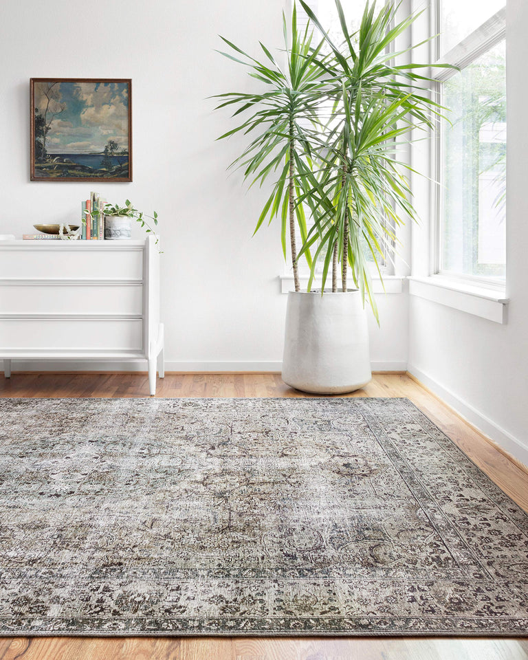 Loloi Layla Collection LAY-03 Olive/Charcoal 9'-0" x 12'-0" .13" Thick Area Rug, Soft, Durable, Vintage Inspired, Distressed, Low Pile, Non-Shedding, Easy Clean, Printed, Living Room Rug