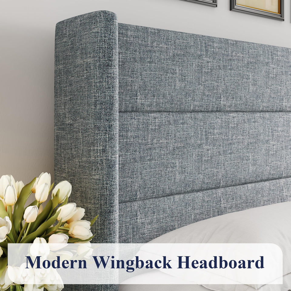 Allewie King Size Lift Up Storage Bed, Modern Wingback Headboard, Hydraulic Support, No Box Spring Needed, Light Beige