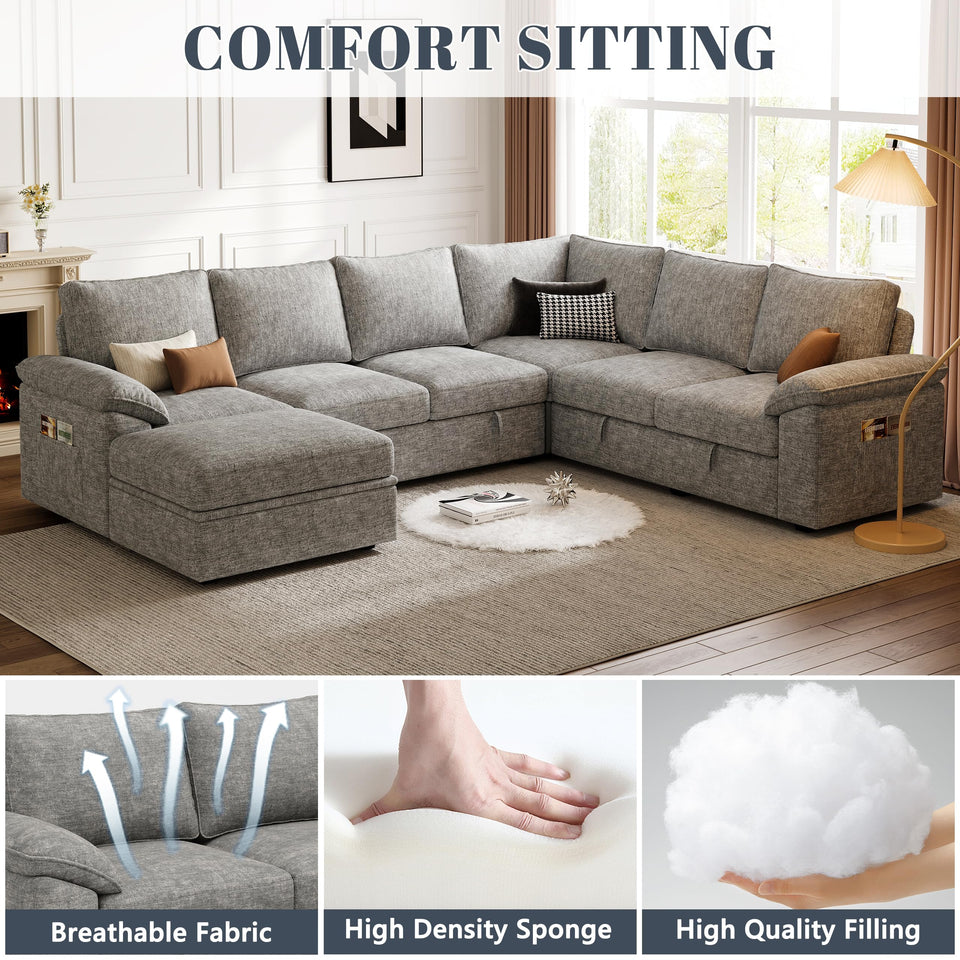 SUAWY 108 Inch Sectional Sleeper Sofa with Pull Out Bed,U Shaped 7 Seat Modular Sectional Sofa with Storage,Sectional Couches for Living Room,Cloud Modular Couch,Removable Sofa Cover,Dark Grey