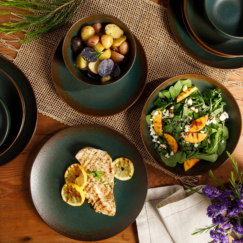 Bloomhouse Santorini Mist Double Bowl Terracotta Reactive Glaze Plates and Bowls Dinnerware Set - Amber, Service for Four (16pcs)