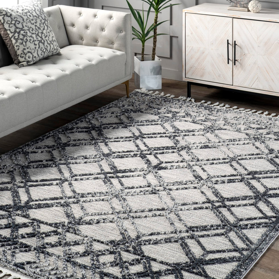 nuLOOM 8x11 Ansley Moroccan Tassel Area Rug, Light Grey, High-Low Textured Bohemian Design, Plush High Pile, Stain Resistant, For Bedroom, Living Room, Hallway, Entryway