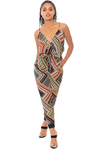 Boarder Print Wrap Drawstring Waist Jumpsuit