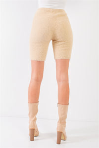 Oatmeal Beige Knit High Waist Stretchy Warm Fuzzy Biker Shorts