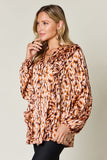 Double Take Full Size Printed Ruffle Trim Balloon Sleeve Shirt