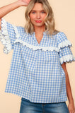 Haptics Full Size Plaid Scallop Hem Notched Short Sleeve Blouse