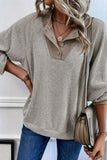 Contrast Quarter Button Round Neck Long Sleeve Top