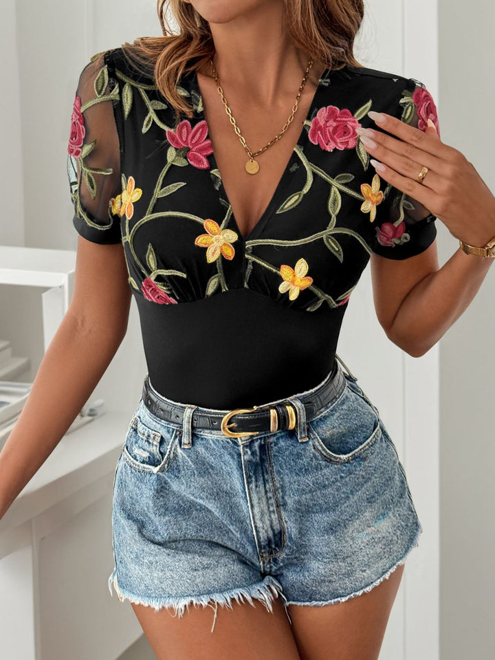 Perfee Embroidered V-Neck Floral Bodysuit