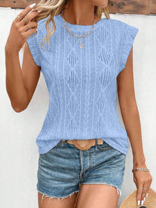 Openwork Round Neck Cap Sleeve Top