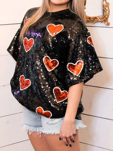 Valentine’s Day Sequin Heart Round Neck Half Sleeve Top