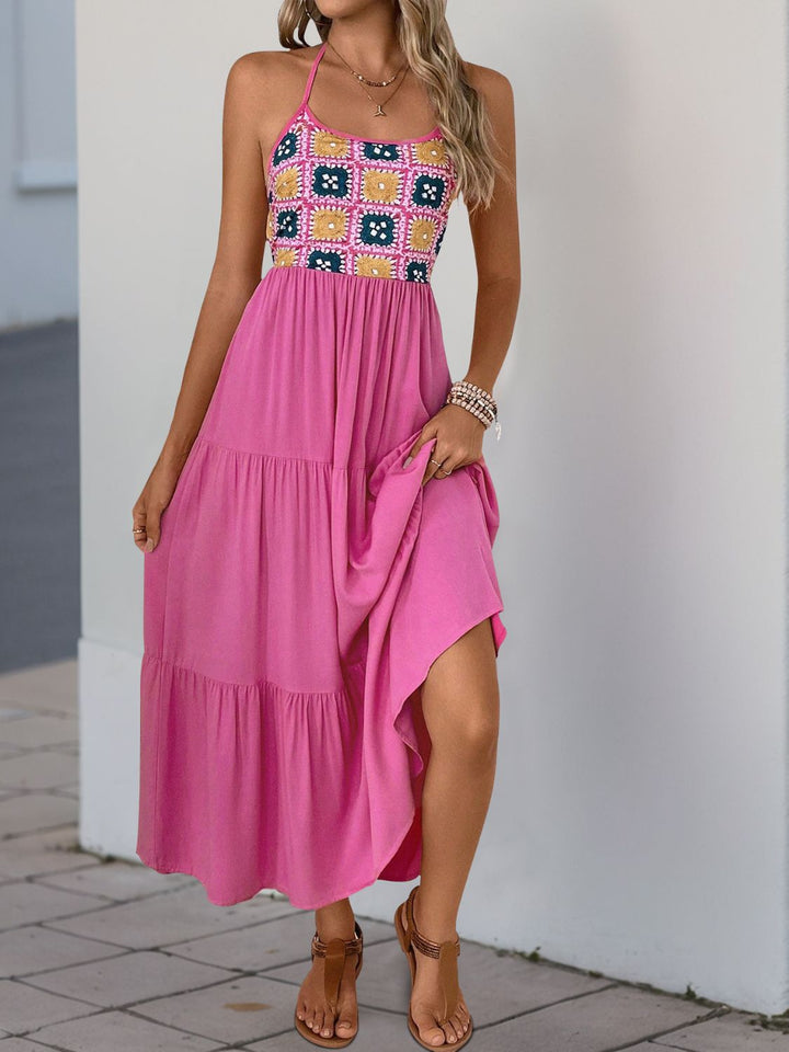 Perfee Printed Halter Neck Tiered Midi Dress