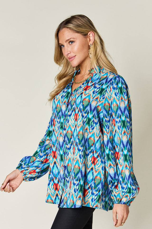 Double Take Full Size Printed Balloon Sleeve Blouse