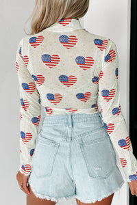 US Flag Heart Mock Neck Long Sleeve Bodysuit