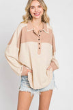 Waffle-Knit Color Block Half Button Long Sleeve Top