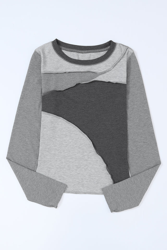 Exposed Seam Contrast Round Neck Long Sleeve T-Shirt