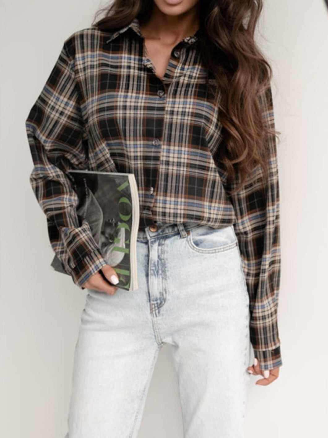 Plaid Collared Neck Long Sleeve Shirt