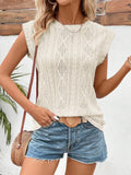 Openwork Round Neck Cap Sleeve Top