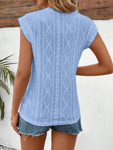 Openwork Round Neck Cap Sleeve Top