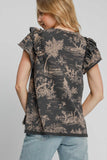 Umgee Ruffled Landscape Print Short Sleeve French Terry Top