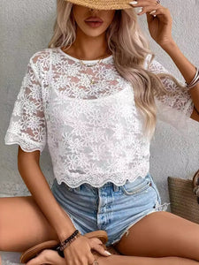 Flower Texture Round Neck Short Sleeve Top