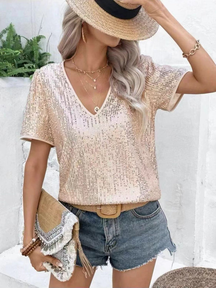 Sequin Round Neck Short Sleeve Top