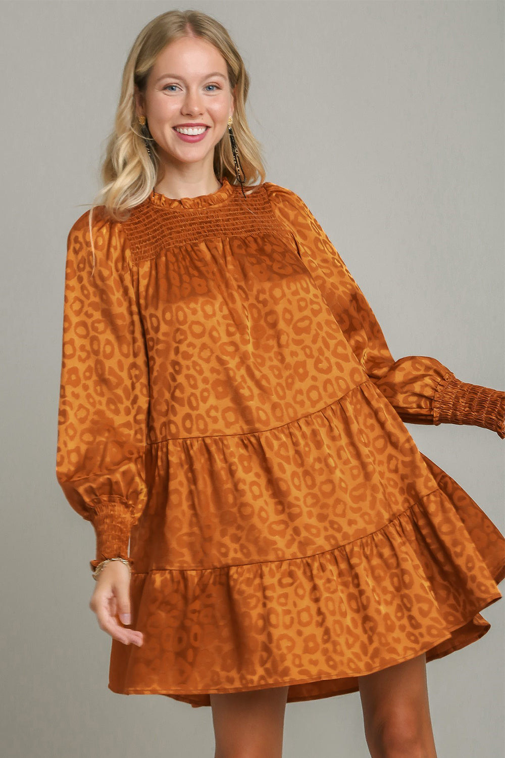 Umgee Smocked Leopard Long Sleeve Tiered Dress