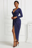 High-low Ruched Surplice Long Sleeve Dress