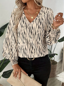 Printed V-Neck Lantern Sleeve Blouse