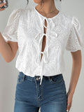 Perfee Tied Eyelet Short Sleeve Bodysuit