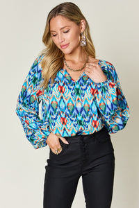 Double Take Full Size Printed Balloon Sleeve Blouse